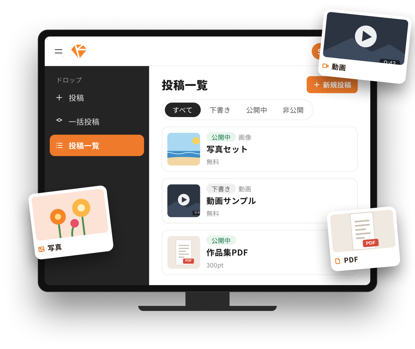 Webダッシュボードの投稿一覧画面のイメージ